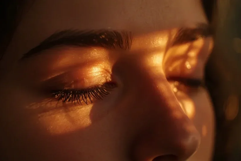 personne fermant les yeux face à une lumière douce
